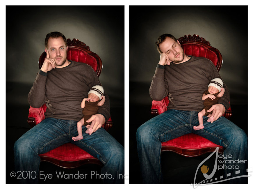 newborn photography in Baton Rouge studio red velvet chair and baby w/ daddy