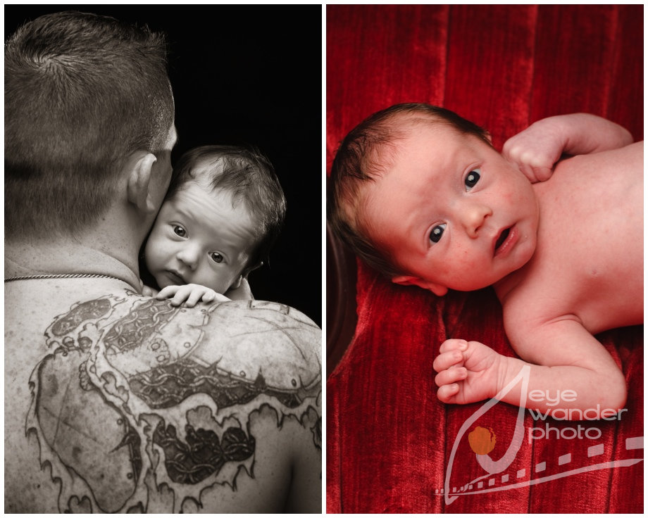 two week newborn photography in studio Dad with raw tattoo holds newborn baby