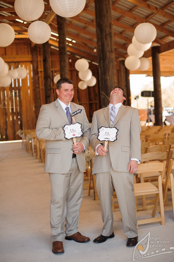 Groom and Best Man with Mr. and Mrs. Signs New Orleans Wedding Groom and Best Man with Mr. and Mrs. Signs
