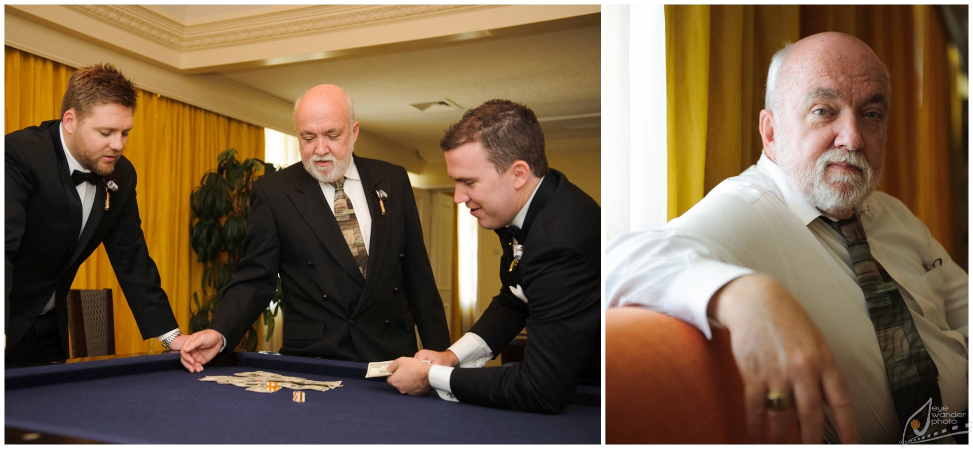 New Orleans Wedding Groom, Best man, Father gamble on pool table