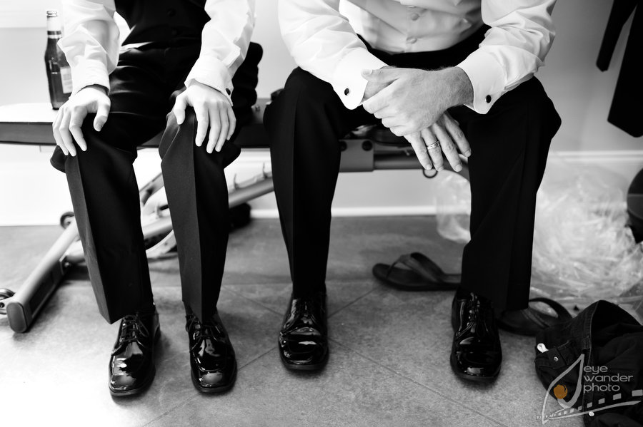 New Orleans Wedding Groom and Groomsman Sit Weight Bench