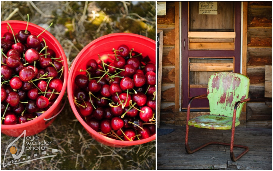 Glacier National Park Montana old rusty chair on porch, bucket of cherries Glacier National Park Montana old rusty chair on porch, bucket of cherries