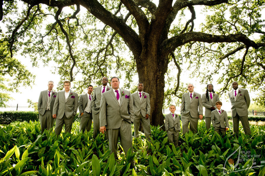 Baton Rouge Wedding Old State Capital Groom and Groomsmen Stand Under Large Oak Tree
