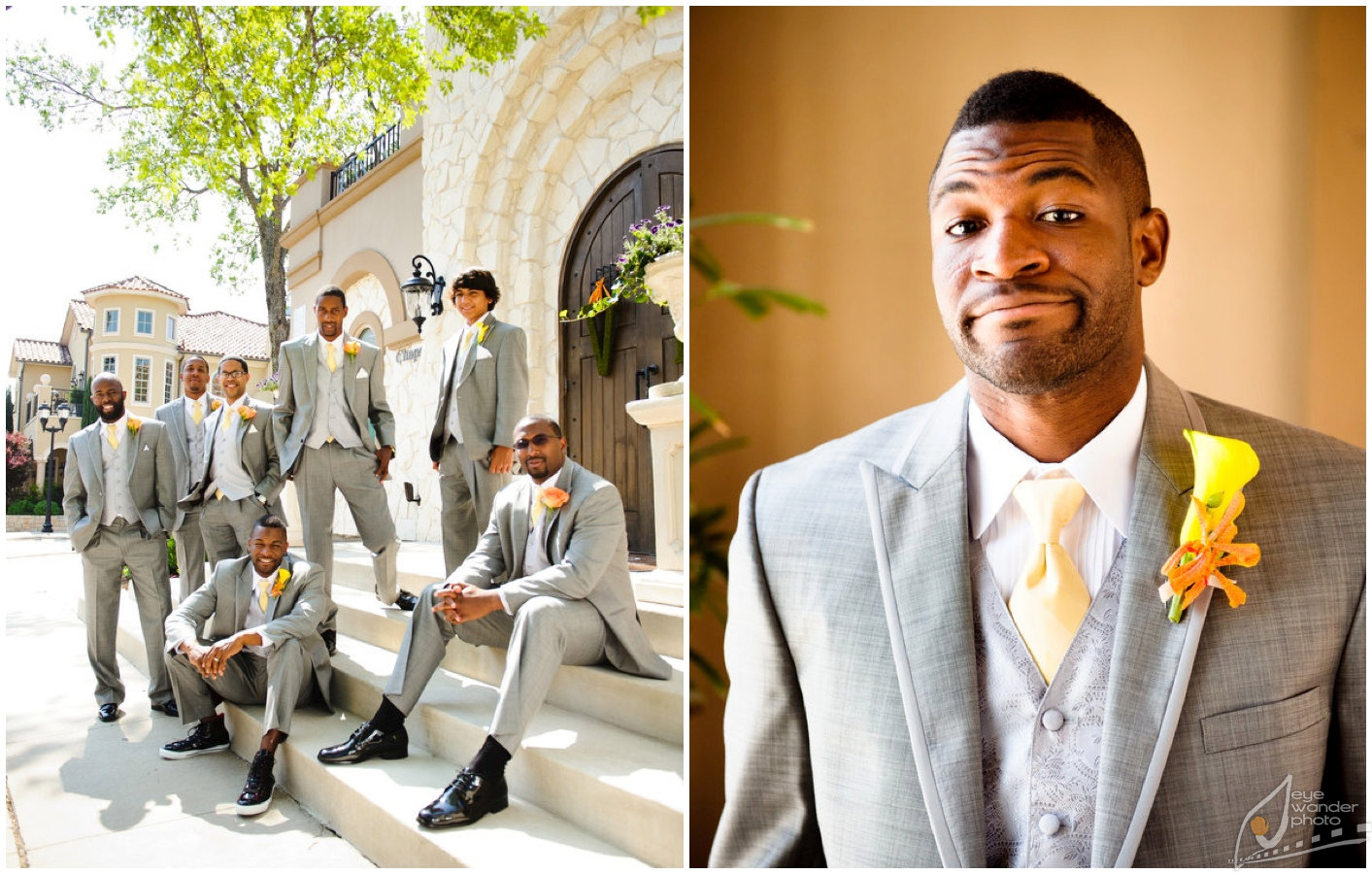 New Orleans Wedding Groomsmen on Chapel Steps, Groom wears Yellow Calla Lily Boutineer