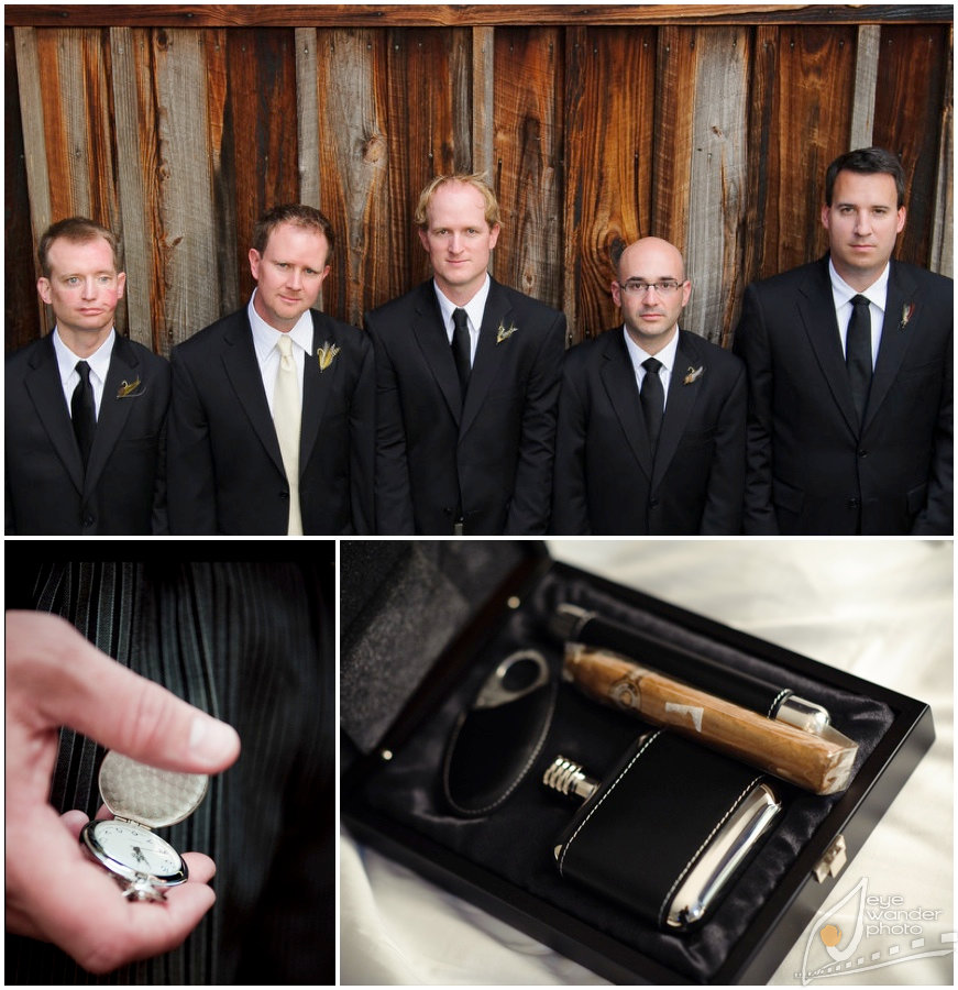 New Orleans Wedding Groom and Groomsmen Stand Old Wooden Fence, Pocket Watch, Cigar Set