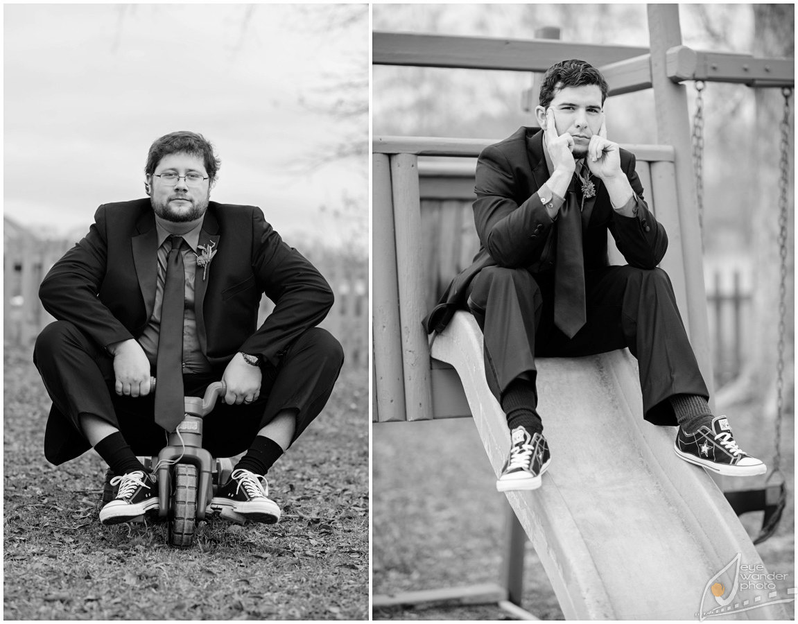 Baton Rouge Vineyard Wedding The Lakehouse Groomsmen sit on Childs Bike and Playground slide