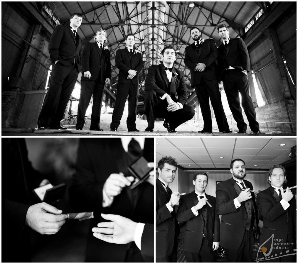 Groomsmen in Old Warehouse smoke cigars New Orleans Wedding Groomsmen in Old Warehouse smoke cigars