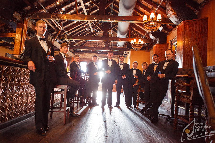 Downtown Baton Rouge Wedding Groomsmen High Wood Beam Ceiling