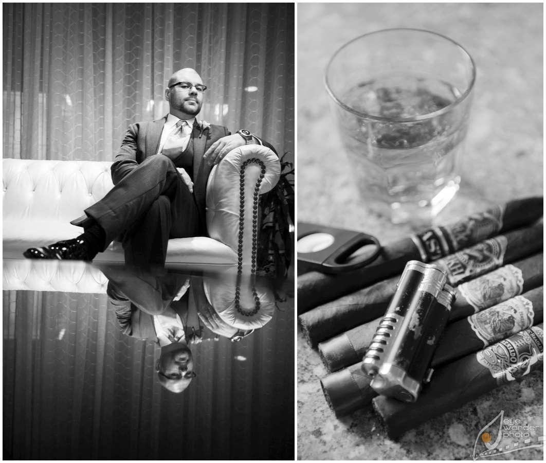 New orleans Wedding Strong Man Sits Relfection in Coffee Table Cigar Set