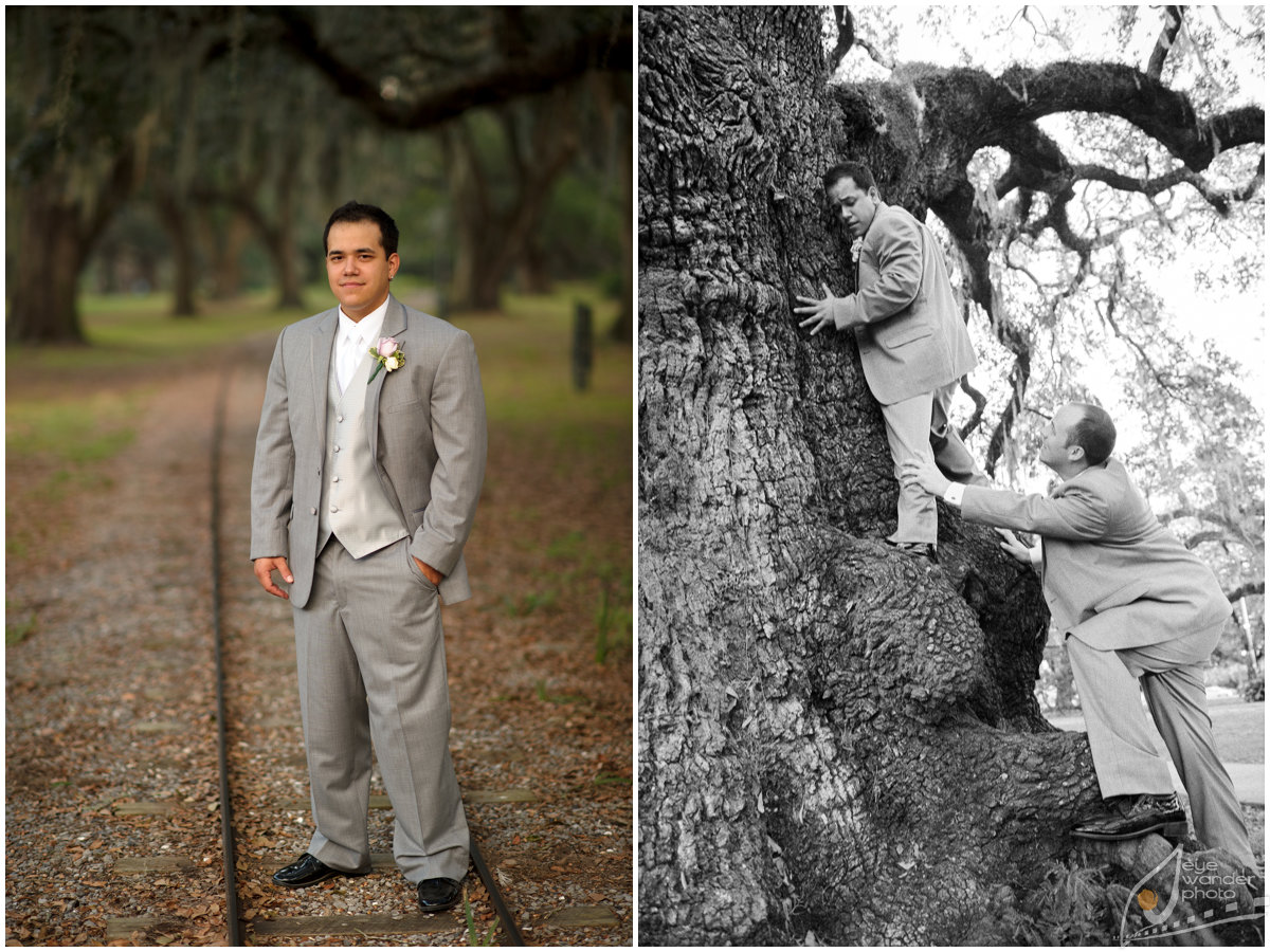 New Orleans Wedding Groom Climbs Oak Tree in Suit and Stands on Trolly Tracks