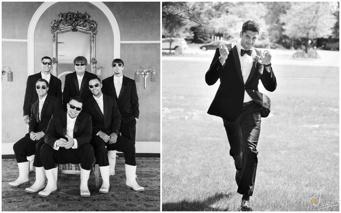 New Orleans Wedding Groom groomsmen sit on Fountain in Crab Boots, Finger Guns