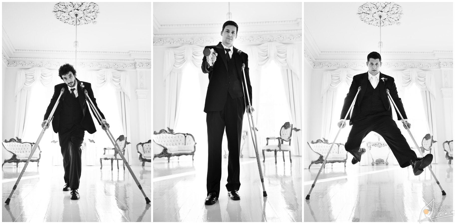 Nottoway Plantation Wedding Groom and Groomsmen in Plantation Room Crutches