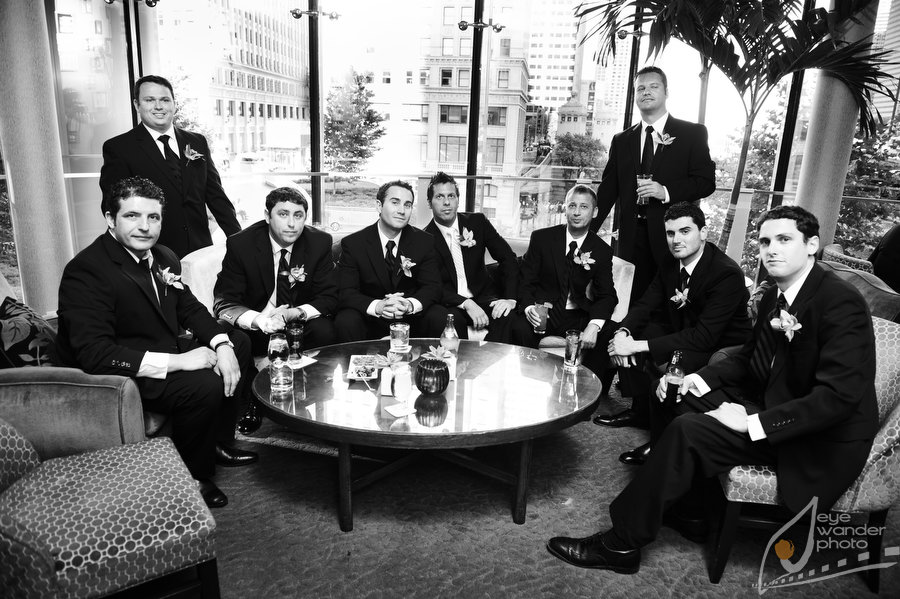 Chicago Wedding Hotel Lobby Groomsmen Wait cocktails