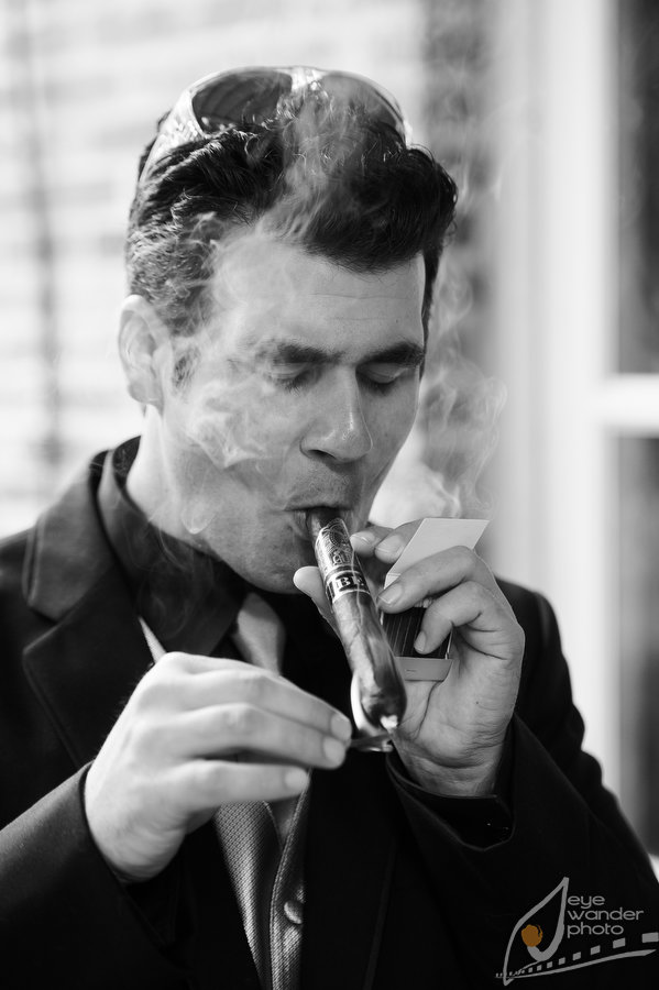 Groomsman Smokes Cigar New Orleans Wedding Groomsman Smokes Cigar