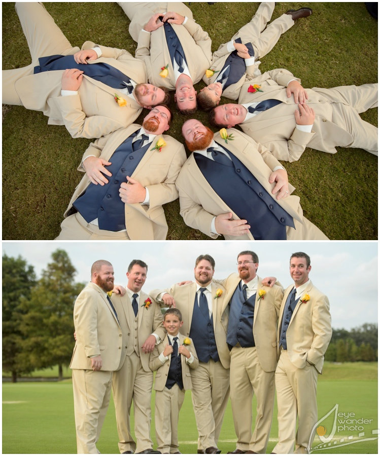 New Orleans Wedding Groom and Groomsmen lay heads together, group shot outside