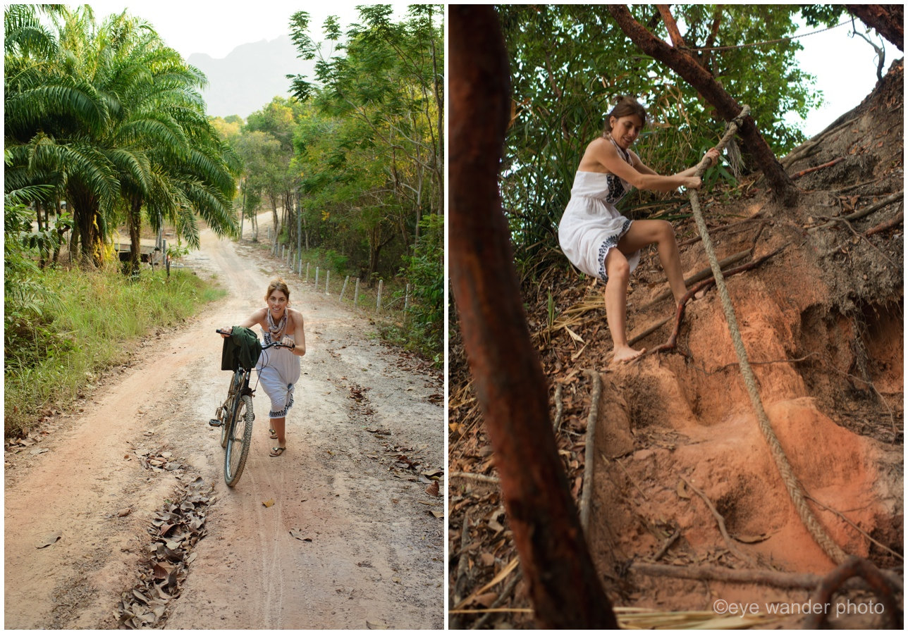 Krabi Thailand girl riding bike climbing down rope Krabi Thailand girl riding bike climbing down rope