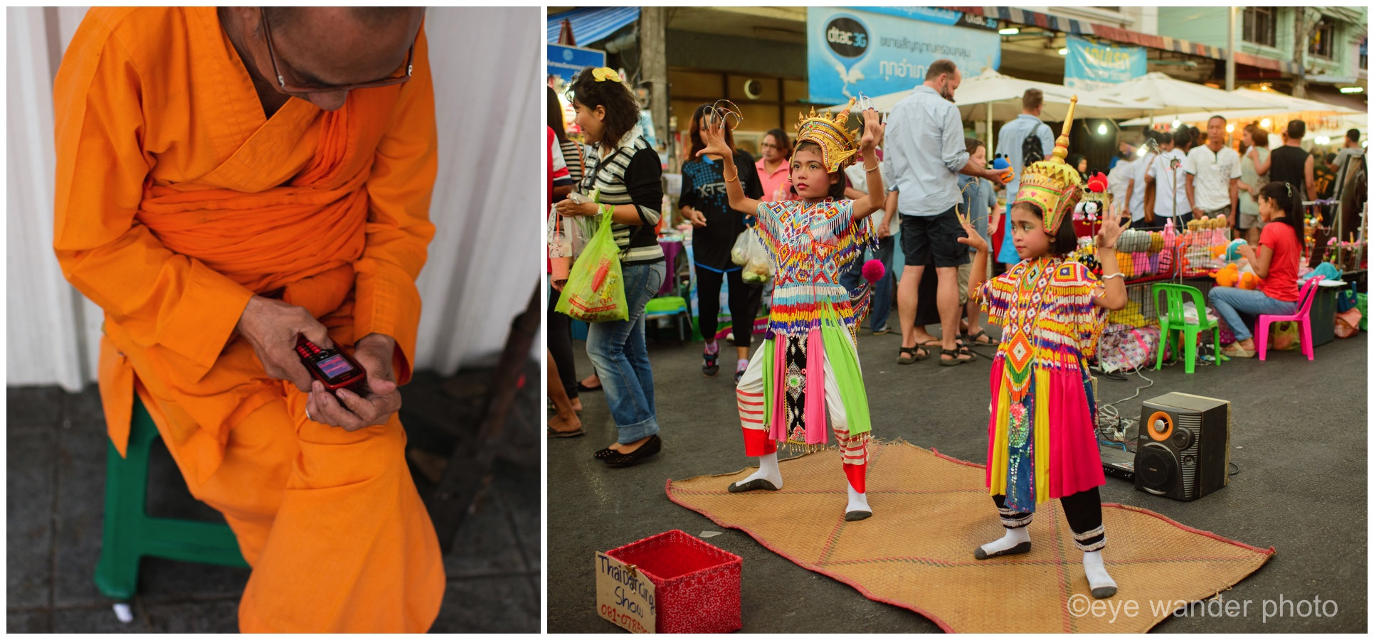 Bangkok Thailand Buddhist Monk texting street dancers Bangkok Thailand Buddhist Monk texting street dancers