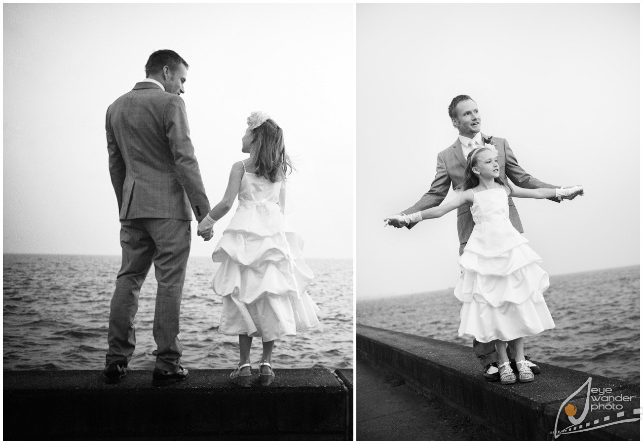 Kids at Weddings Flower Girl and Father on levee Lake Ponchtatrain Mandeville