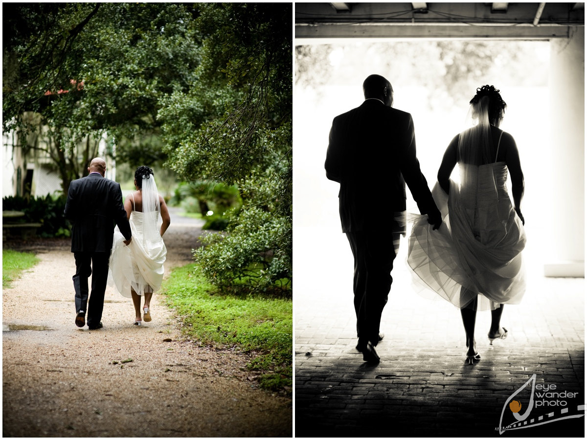 Louisiana Wedding Leaving Wedding Ceremony Louisiana Wedding Leaving Wedding Ceremony Groom Holding wedding dress train