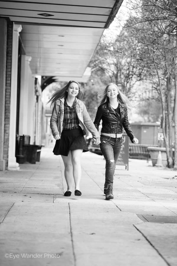 black & white photography, baton rouge, city center, young sisters, fun photo shoot