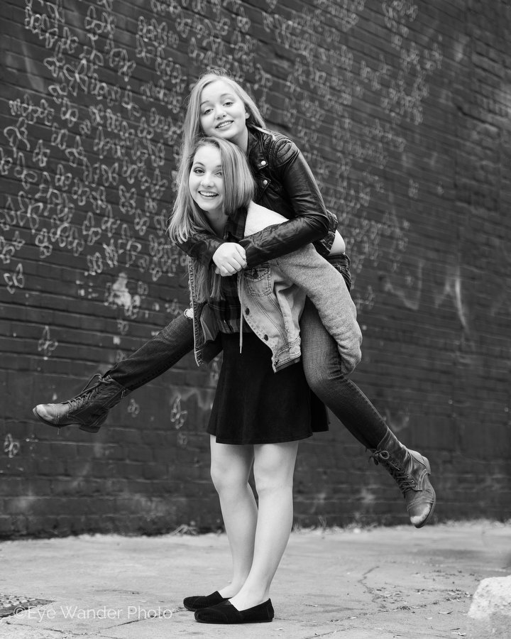 black & white photos, riding piggyback on sister, fun photos, urban, baton rouge