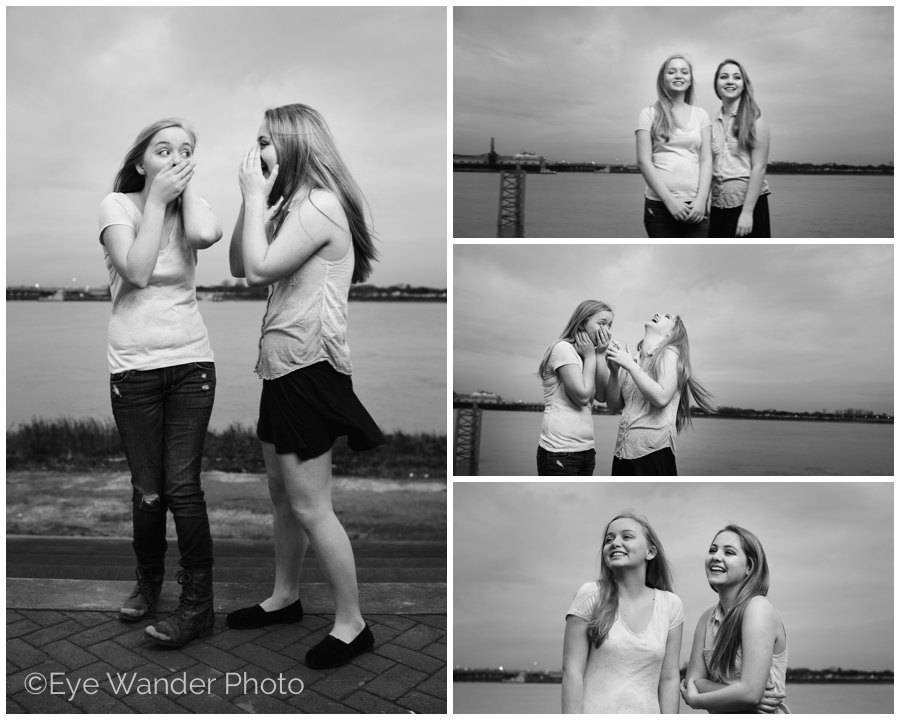 blast at photo shoot, baton rouge, downtown, Mississippi bridge, sisters, black & white