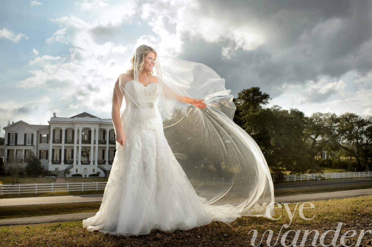 bridal photography, veil in the wind, southern bride