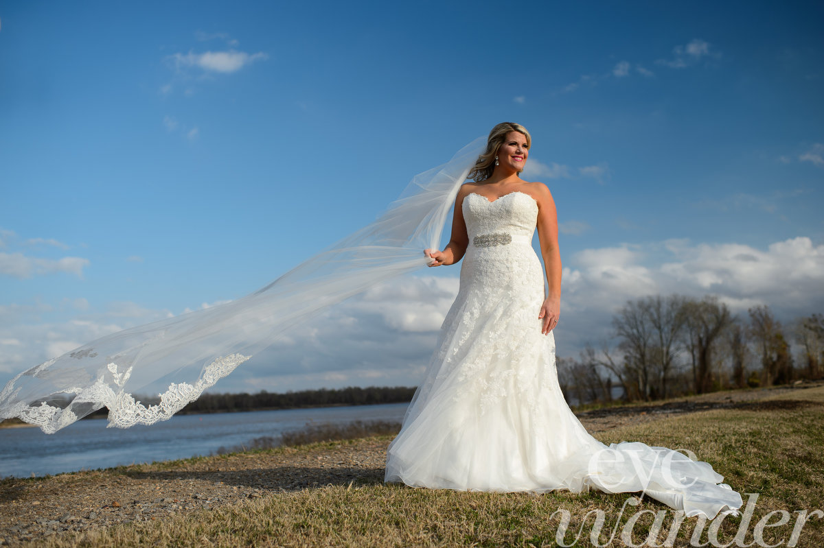 Mississippi River, Veil blowing in the wind, bridal photography, bride